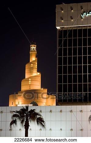 Tower lit up at night, Doha, Qatar View Large Photo Image Picture - Tower lit up at night, Doha, Qatar . Fotosearch