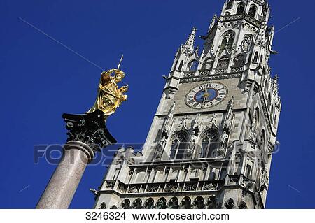 Tower of the new townhall and St. Mary's Column, Munich, Germany, low angle view View Large Photo Image Picture - Tower of the new townhall and St. Mary's Column, Munich, Germany, low angle view . Fotosearch