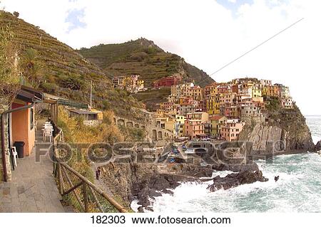 Town at coast, Manarola, Cinque Terre, La Spezia Province, Liguria, Italy View Large Photo Image Stock Image - Town at coast, Manarola, Cinque Terre, La Spezia Province, Liguria, Italy . Fotosearch
