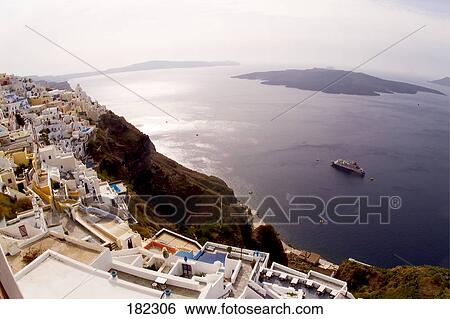 Stock Photograph - Town at coast, Santorini, Cyclades Islands, Greece . Fotosearch