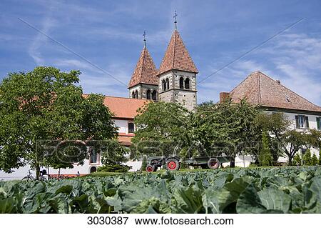 Stock Photo - Vegetable field with tractor in front of the St. Peter and Paul Church in Niederzell, Island of Reichenau, Lake Constance, Germany . Fotosearch