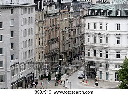 Stock Photo - View of a pedestrian area, Hamburg, Germany, elevated view . Fotosearch