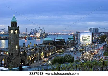 View of St. Pauli Landungsbruecken and Hamburg harbour, Germany, elevated view View Large Photo Image Stock Photo - View of St. Pauli Landungsbruecken and Hamburg harbour, Germany, elevated view . Fotosearch