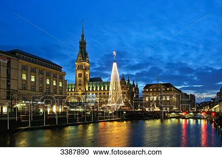 Stock Image - View of town hall and Christmas market, Hamburg, Germany . Fotosearch