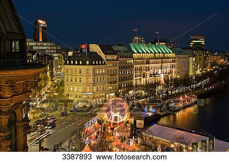 View on the inner city with christmas market at night, Hamburg, Germany, elevated view View Large Photo Image Stock Image - View on the inner city with christmas market at night, Hamburg, Germany, elevated view . Fotosearch