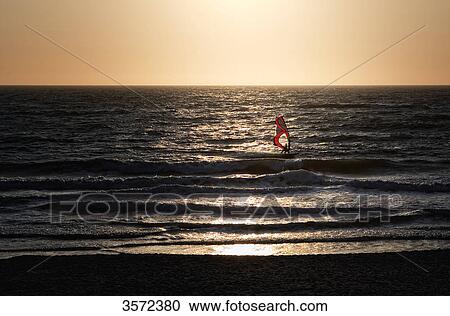 Windsurfer at sunset at the beach of Westerland, Sylt, Germany View Large Photo Image Stock Image - Windsurfer at sunset at the beach of Westerland, Sylt, Germany . Fotosearch