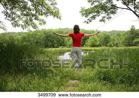 Stock Photo - Woman meditating by a pond, rear view . Fotosearch