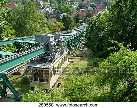 Stock Photo - Aerial view of cable car over hill, Dresden, Germany . Fotosearch