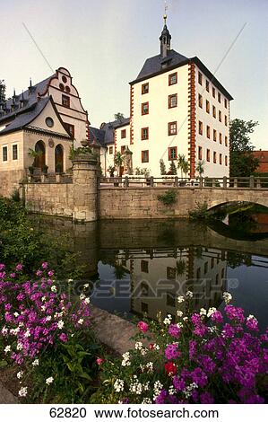 Stock Image - Bridge across canal leading to castle, Kochberg Castle, Grosskochberg, Germany . Fotosearch