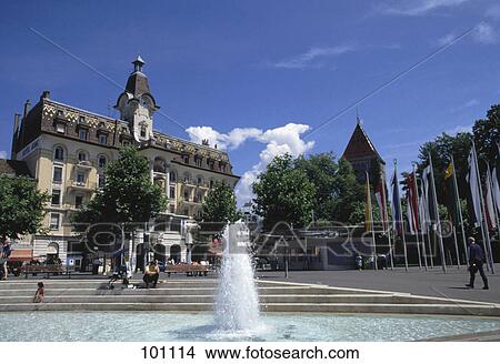Picture - Fountain at town square, Place Du Port, Lausanne, Vaud, Italy . Fotosearch