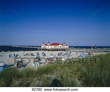 Stock Image - High angle view of beach chairs on beach, Usedom, Germany, Europe . Fotosearch
