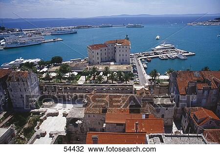 Stock Image - High angle view of buildings at coast, Split, Dalmatia, Croatia . Fotosearch