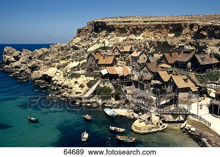 Stock Photo - High angle view of huts at coast, Mellieha, Malta . Fotosearch