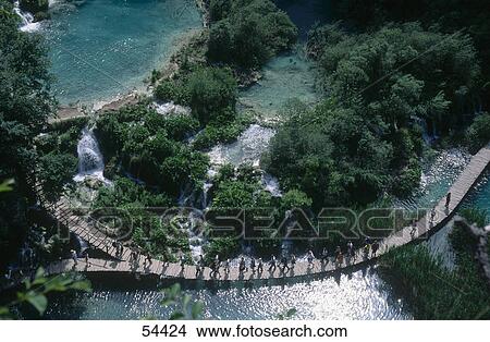 Picture - High angle view of tourists walking on footbridge, Plitvice Lakes National Park, Croatia . Fotosearch