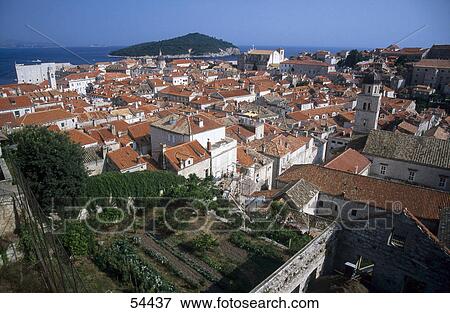 Stock Photo - High angle view of town, Dubrovnik, Croatia . Fotosearch