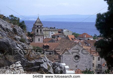 Houses in town at coast, Omis, Croatia View Large Photo Image Stock Photo - Houses in town at coast, Omis, Croatia . Fotosearch