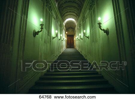 Interiors of lit up stairway View Large Photo Image Stock Photo - Interiors of lit up stairway . Fotosearch