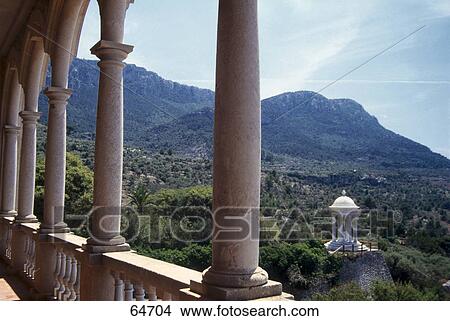 Picture - Ionic temple on hill viewed from building, Son Marroig, Majorca, Balearic Islands, Spain . Fotosearch