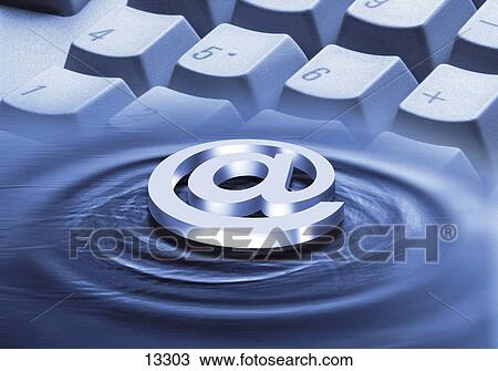 Stock Image - Keys of computer keyboard and at symbol creating ripples on water surface . Fotosearch
