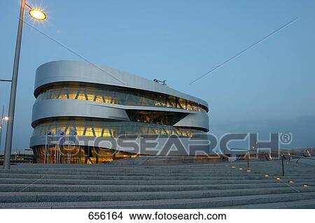 Picture - Museum lit up at dusk, Mercedes-Benz-Museum, Stuttgart, Baden-Wuerttemberg, Germany . Fotosearch