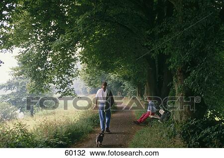 Pet dog following man on path with woman relaxing on bench beside them View Large Photo Image Stock Image - Pet dog following man on path with woman relaxing on bench beside them . Fotosearch