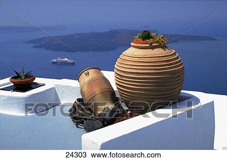 Potted plant on terrace with amphora, Fira, Santorin, Greece View Large Photo Image Stock Image - Potted plant on terrace with amphora, Fira, Santorin, Greece . Fotosearch