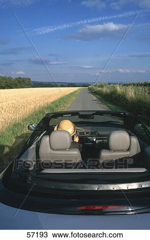 Stock Image - Rear view of woman driving convertible car on country road . Fotosearch