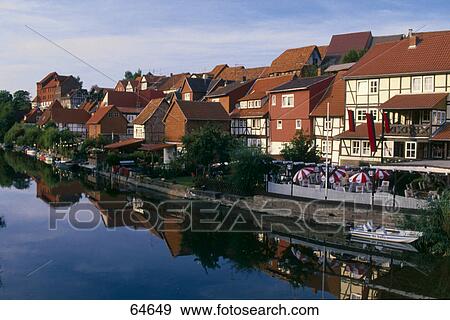 Stock Photo - Reflection of houses in water, Werra River, Bad Sooden-Allendorf, Hesse, Germany . Fotosearch