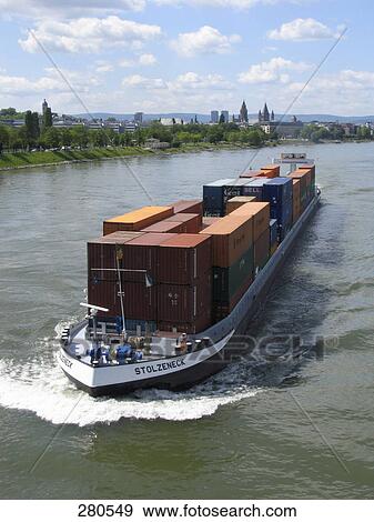 Ship carrying cargo containers, Rhine River, Germany View Large Photo Image Stock Photo - Ship carrying cargo containers, Rhine River, Germany . Fotosearch