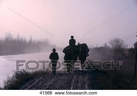 Stock Photograph - Silhouette of tourists traveling on camel in desert, Takla Makan, China . Fotosearch