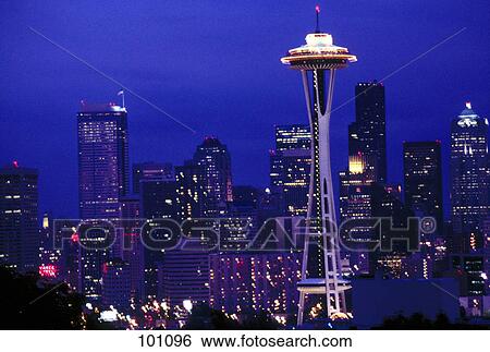 Skyscrapers lit up at night, Space Needle, Washington State, Usa View Large Photo Image Stock Photograph - Skyscrapers lit up at night, Space Needle, Washington State, Usa . Fotosearch