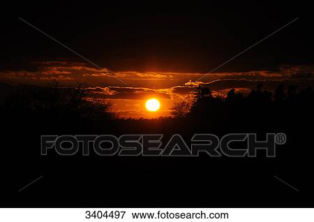 Stock Photo - Sunset behind a forest, Franconia, Germany . Fotosearch