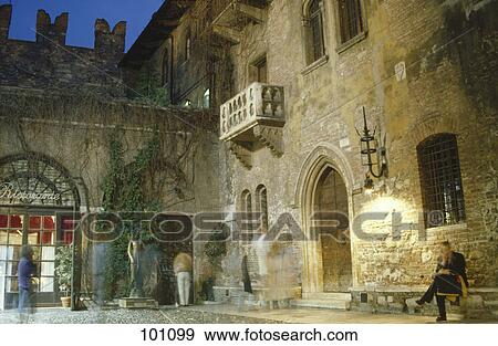 Stock Photo - Theatre lit up at night, Balcony Of Julia, Verona, Italy . Fotosearch
