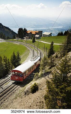 Picture - Train passing rural landscape, elevated view . Fotosearch