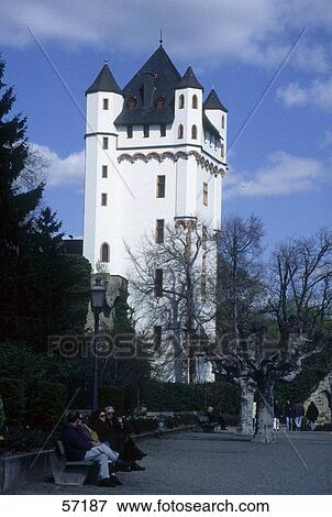 Stock Photo - Trees in front of tower, Hesse Tower, Eltville Castle, Eltville am Rhein, Hessen, Germany . Fotosearch