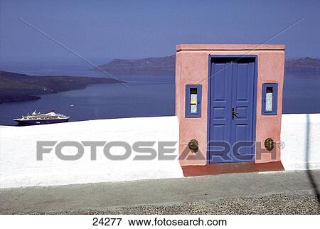 View of blue door and sea, Fira, Santorini, Cyclades Islands, Greece View Large Photo Image Stock Photo - View of blue door and sea, Fira, Santorini, Cyclades Islands, Greece . Fotosearch