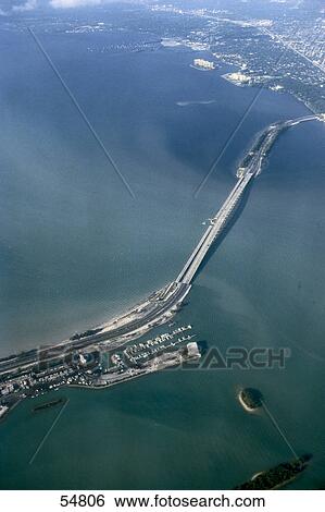 Aerial view of bridge across bay, Rickenbacker Causeway, Biscayne Bay, Miami, Florida, USA View Large Photo Image Stock Photograph - Aerial view of bridge across bay, Rickenbacker Causeway, Biscayne Bay, Miami, Florida, USA . Fotosearch