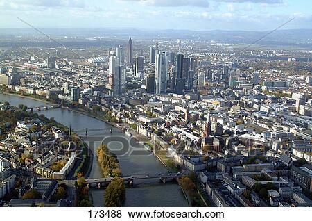 Aerial view of buildings and river in city, Main River, Frankfurt, Hessen, Germany View Large Photo Image Stock Photo - Aerial view of buildings and river in city, Main River, Frankfurt, Hessen, Germany . Fotosearch
