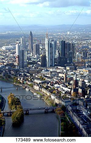 Aerial view of buildings and river in city, Main River, Frankfurt, Hessen, Germany View Large Photo Image Stock Photo - Aerial view of buildings and river in city, Main River, Frankfurt, Hessen, Germany . Fotosearch