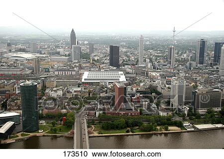 Stock Image - Aerial view of buildings in city, Frankfurt, Hessen, Germany . Fotosearch