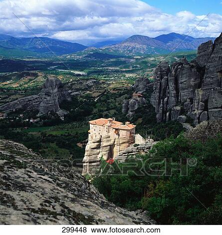 Aerial view of monastery on cliff, Greece View Large Photo Image Stock Photo - Aerial view of monastery on cliff, Greece . Fotosearch