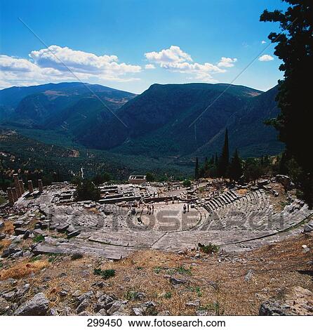 Stock Image - Aerial view of old ruins of temple, Apollo Temple, Delphi, Greece . Fotosearch