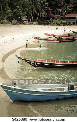 Boats on the beach of Ko Phangan, Thailand View Large Photo Image Stock Image - Boats on the beach of Ko Phangan, Thailand . Fotosearch