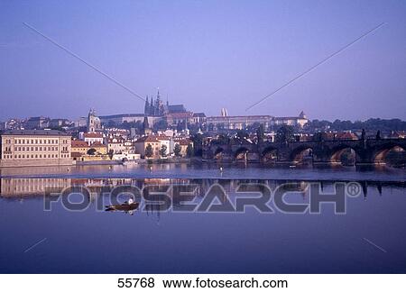 Stock Photo - Bridge across river, Charles Bridge, Vltava River, Prague, Czech Republic . Fotosearch