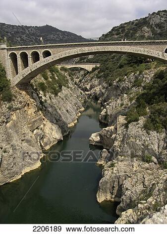 Stock Photo - Bridge across river, Pont du Diable, Herault River, Herault, Languedoc-Roussillon, France . Fotosearch