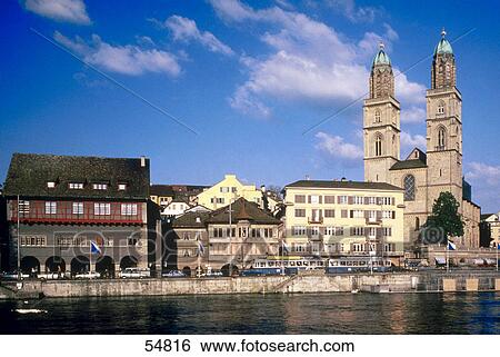Buildings at waterfront, Fraumunster, Limmat River, Zurich, Switzerland View Large Photo Image Stock Photograph - Buildings at waterfront, Fraumunster, Limmat River, Zurich, Switzerland . Fotosearch