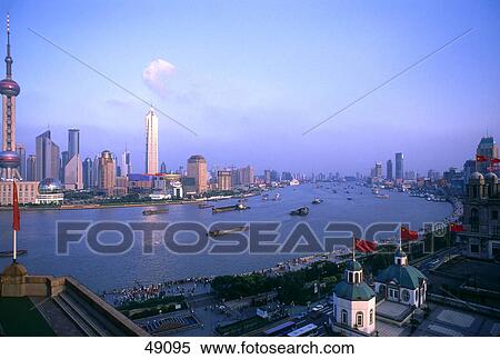 Buildings at waterfront, Huangpu River, Oriental Pearl Tower, Pudong, Shanghai, China View Large Photo Image Stock Photography - Buildings at waterfront, Huangpu River, Oriental Pearl Tower, Pudong, Shanghai, China . Fotosearch
