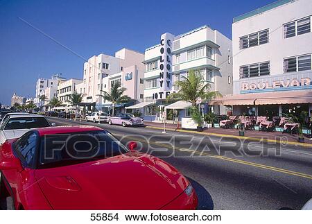 Picture - Cars on street in city, Ocean Drive, Miami Beach, Florida, USA . Fotosearch