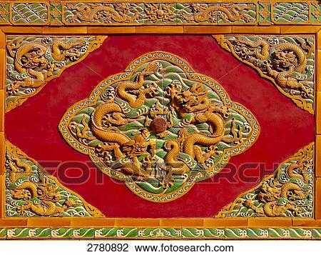 Stock Image - Carvings on wall, Beihai Park, Beijing, China . Fotosearch