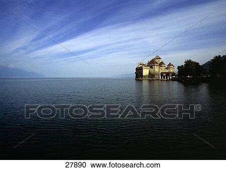 Castle at lakeside, Chateau De Chillon, Lake Geneva, Montreux, Vevey, Vaud, Switzerland View Large Photo Image Stock Image - Castle at lakeside, Chateau De Chillon, Lake Geneva, Montreux, Vevey, Vaud, Switzerland . Fotosearch